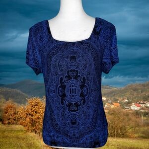 MSK Navy Blue With Sparkling Accents Damask Print Square Neck Top